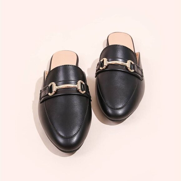 Black Women's Horsebit Decor Loafer Mules Flat Shoes - Picture 5 of 6